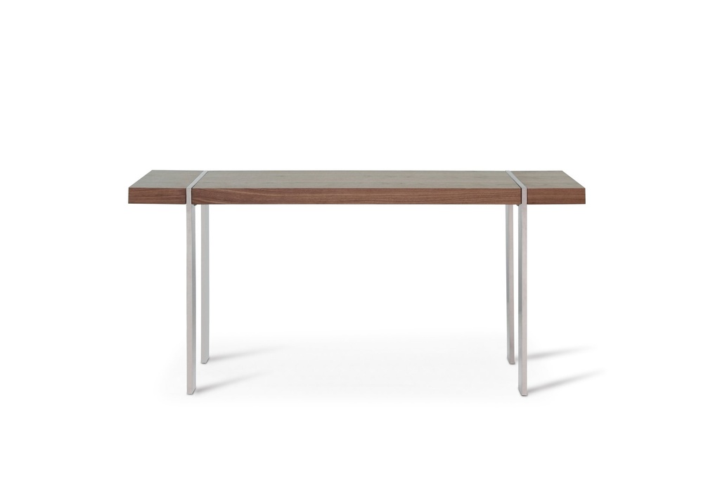 Struttura Console walnut veneer polished stainless steel legs.